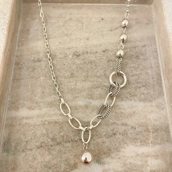 925 Sterling Silver Chain Link Ball Necklace Modern Asymmetric Bead Necklace - Picture 3 of 7